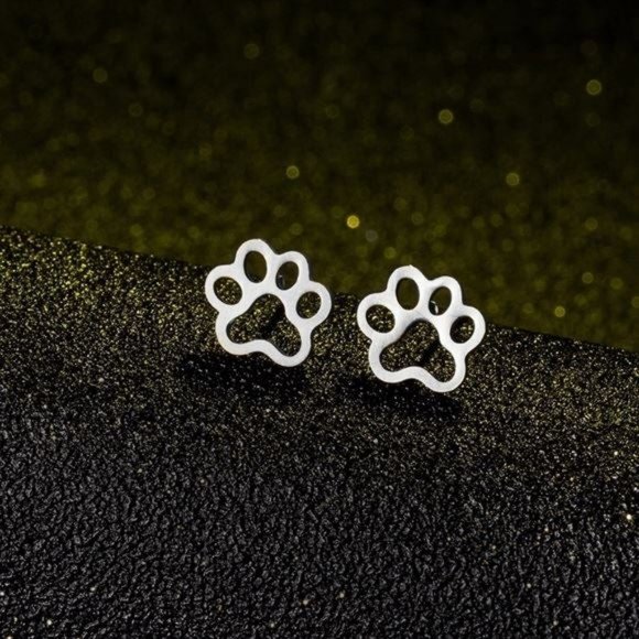 SILVER - Stainless Steel ♡ Paw Prints Stud Earrings - Picture 2 of 5